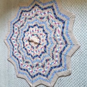 Vintage Handmade Crochet Beige Multi Color Star Blanket Table Cover